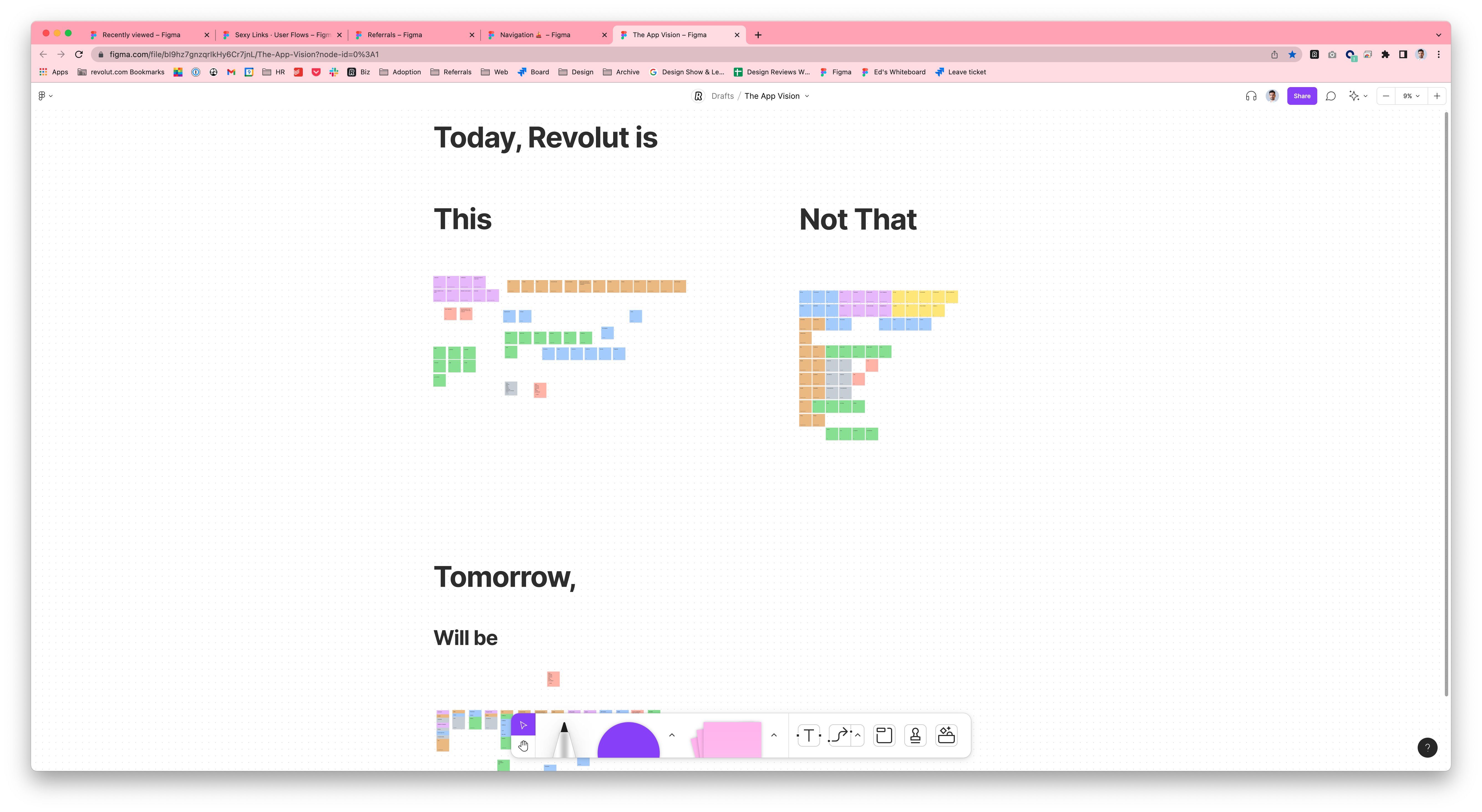 FigJam board showing Revolut's app vision comparing current modular architecture versus a monolithic alternative
