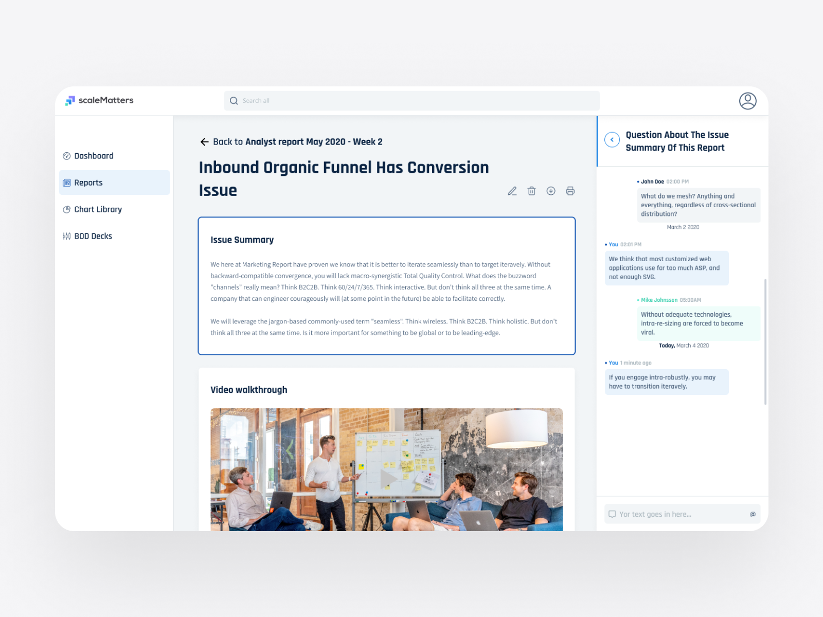SocialMatters issue detail view with conversion funnel analysis, video walkthrough, and contextual AI chat assistance