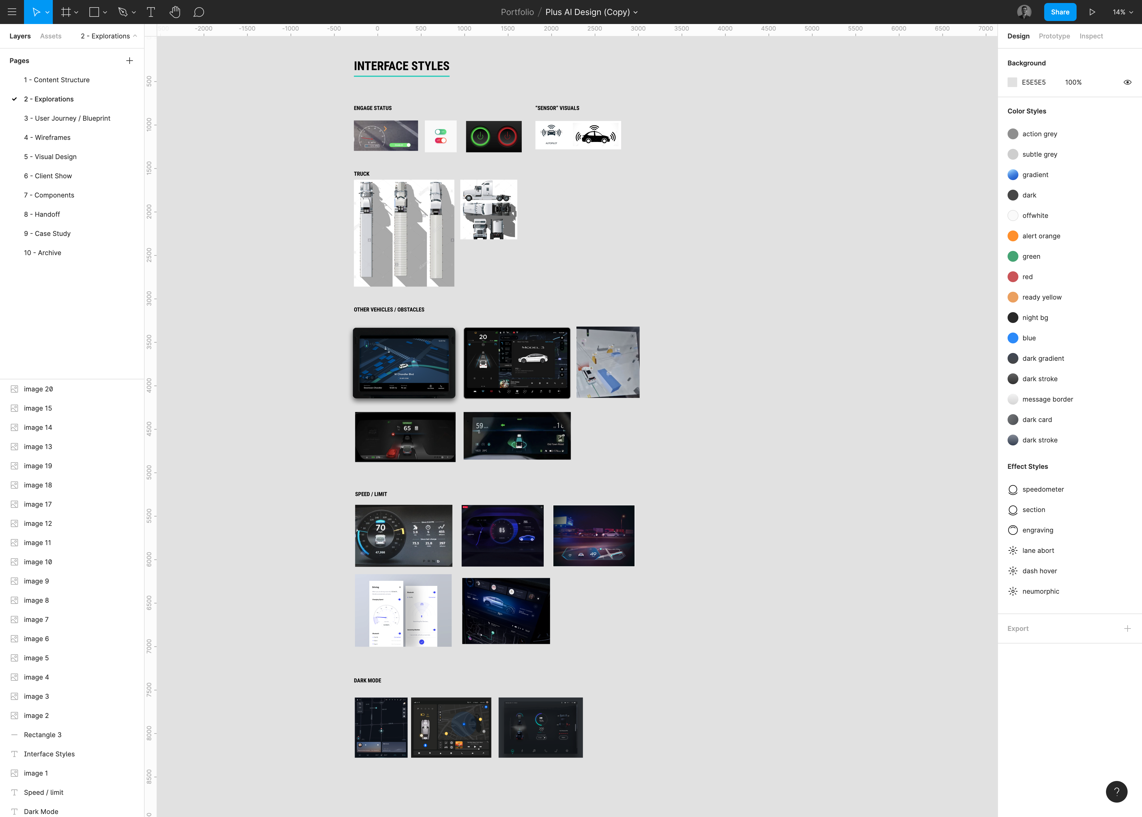 Figma workspace showing Plus AI interface style explorations including automotive dashboard designs and color systems