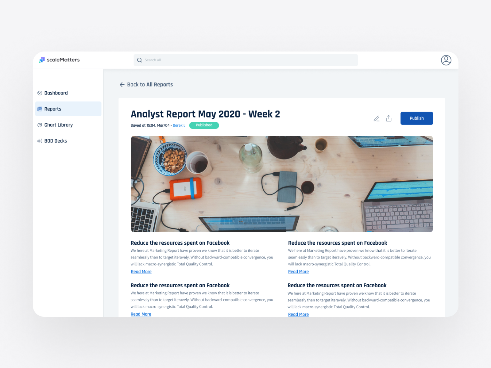 SocialMatters analytics dashboard showing analyst report with resource allocation insights for Facebook campaigns