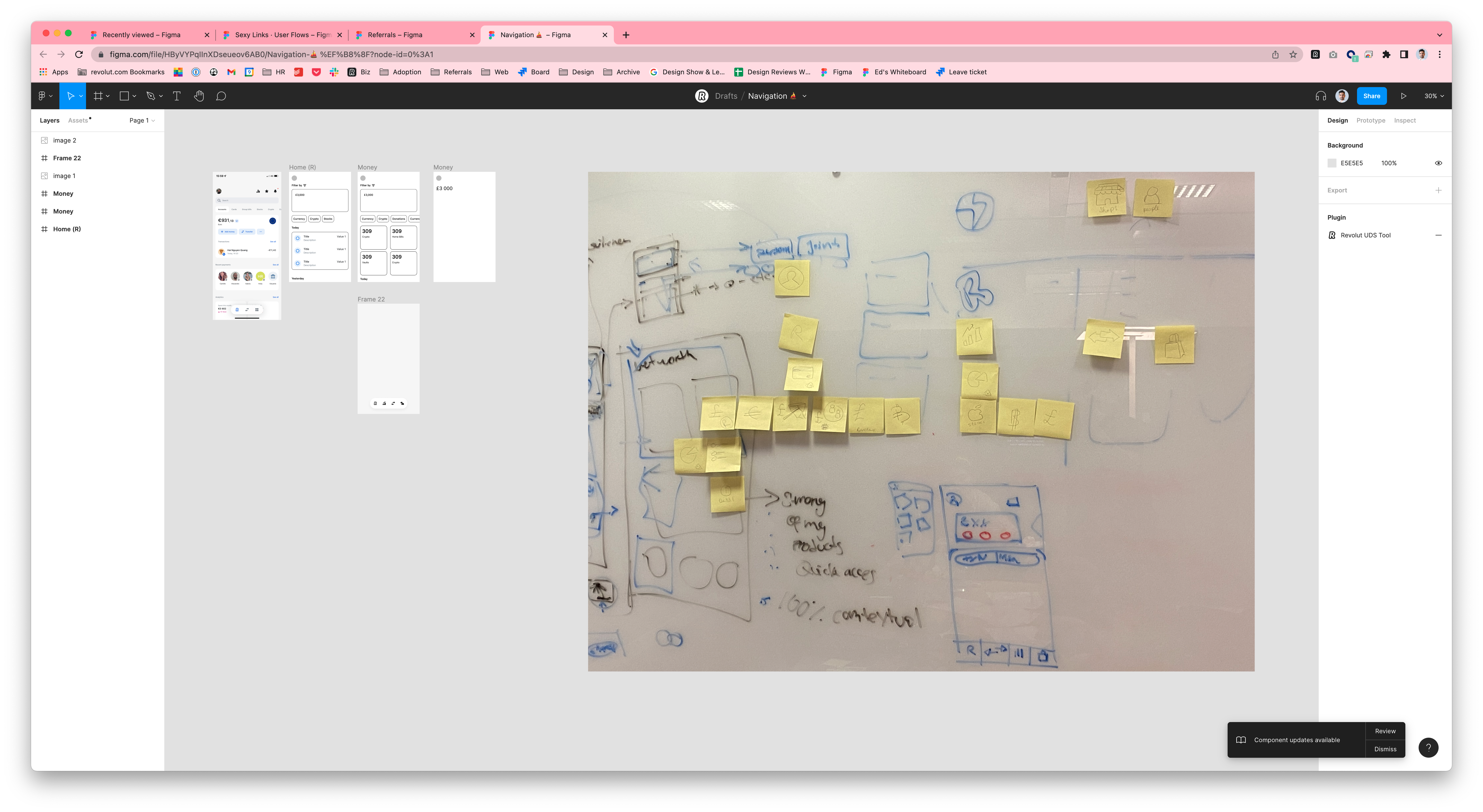 Whiteboard covered with sticky notes and hand-drawn wireframes from the app architecture workshop in Berlin
