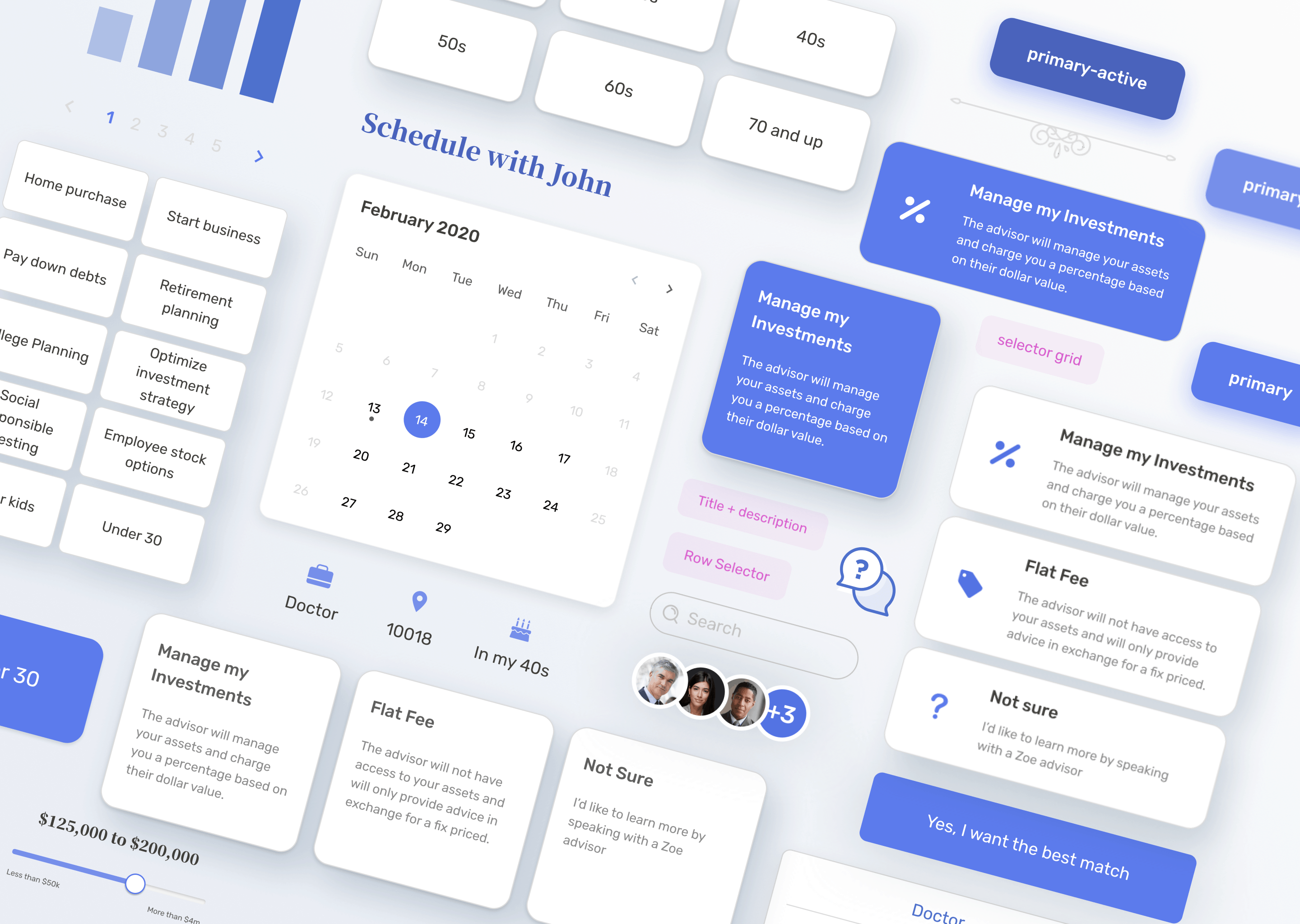 UI component library for Zoe Financial featuring calendar scheduling, investment management cards, and advisor matching interface elements